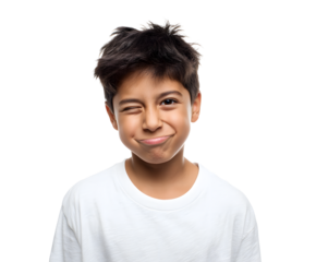 Boy Winking: Playful and Mischievous, close-up studio shot of a young boy playfully winking, isolated on a black background.