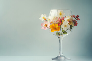 Spring flowers in wineglass on light background