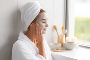 Woman applying clay face mask in spa robe, relaxing by window in natural light