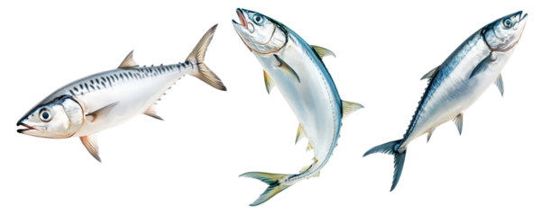 Set of mackerel fish with detailed scales and fins isolated on white transparent background. Concept of seafood and marine life