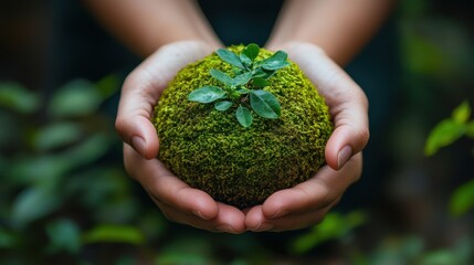 hands holding moss covered globe symbolizing sustainability,photo stock