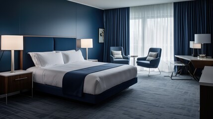 Fototapeta premium sleek hotel room blue