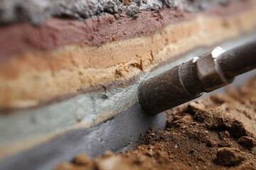 Fototapeta premium A core tool extracts a layered soil profile, showcasing vibrant sediment colors and intricate details within the cylindrical sample.