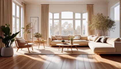 Fototapeta premium very light and bright interior of cozy living room with chic soft beige furniture huge window to the floor and wooden parquet
