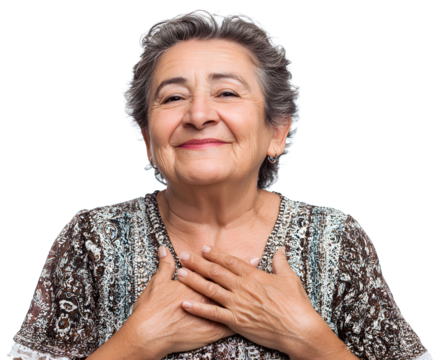 Smiling, older woman with gray hair presses her hands to her chest, showing gratitude and appreciation against a black background.