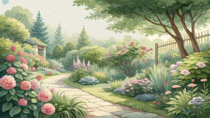Watercolor garden landscape with lush foliage and blooming flowers – serene and inviting backdrop with copy space  