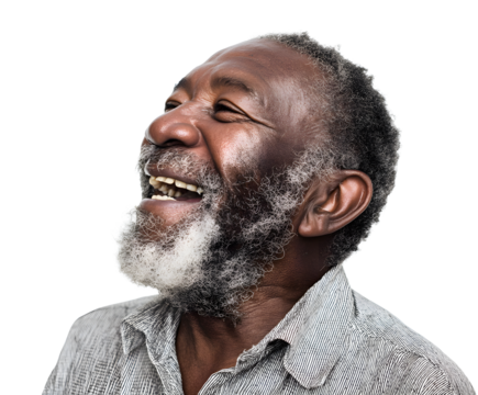 Joyful African American Senior Man: A portrait of an elderly man laughing heartily, showcasing happiness and vitality in his later years.