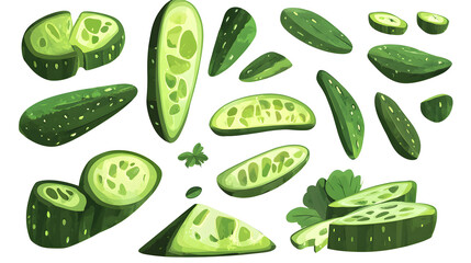 Freshly sliced cucumbers displayed in various shapes and sizes, showcasing vibrant green hues.