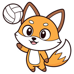 Cartoon Fox Playing Volleyball with Smiling Face on Transparent Background