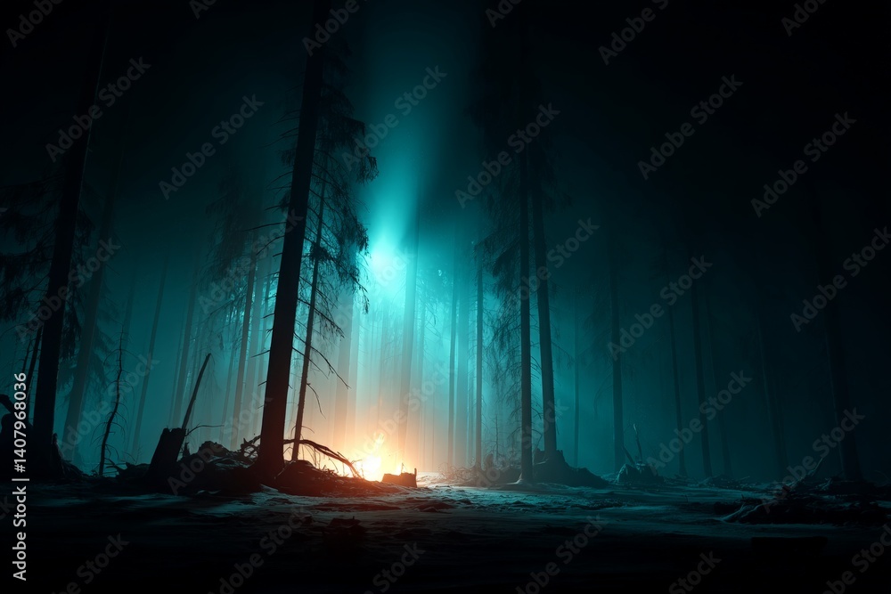 Poster mystical forest illuminated by warm firelight at dusk with towering trees and ethereal fog envelopin