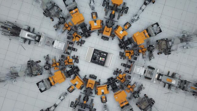 Robotic assembly circle centered on a control unit in bright white factory, aerial view showing repeating mechanical arms