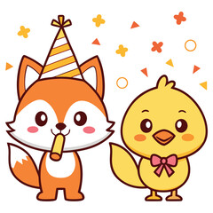 Cartoon Fox Wearing Party Hat with Blower and Chick with Bow Tie
