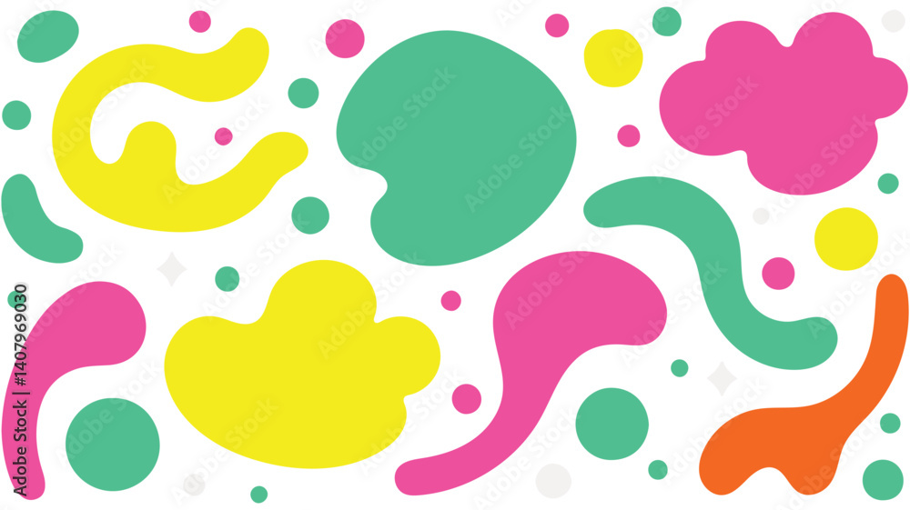 Poster vibrant blob symphony a playful array of colorful abstract shapes and dots, perfect for creative, dy