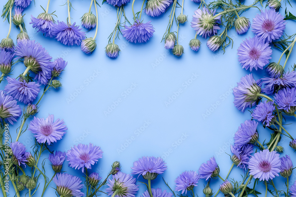 Poster blue background with chamomiles frame. spring, summer concept. flat lay with copy space. flowers com