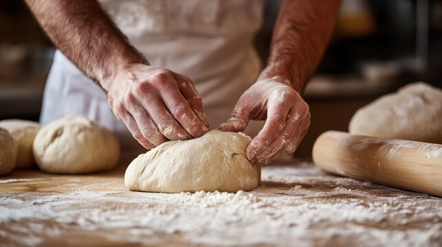 Baker skillfully kneading fresh dough on a floured wooden countertop. Featuring craftsmanship and tradition