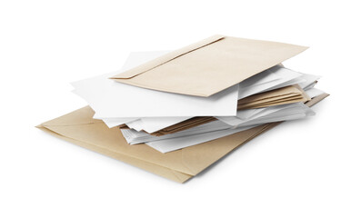Stack of different paper envelopes on white background. Post office