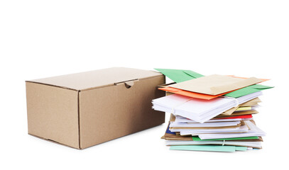 Stack of different paper envelopes and parcel on white background. Post office