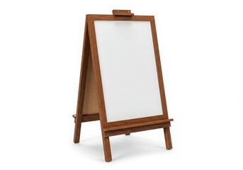 A standing wooden framed whiteboard easel with a blank white surface on a white background space