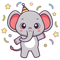 Cheerful Cartoon Elephant Celebrates with Party Hat Confetti on White Background