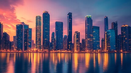 Obraz premium Stunning skyscraper skyline at sunset in city high resolution picture