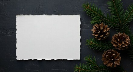 A minimalist Christmas and winter composition with blank paper, pinecones, and fir branches on dark.