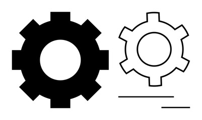 Two gear icons in solid black and outlined styles with minimal design. Ideal for technology, engineering, processes, mechanics, optimization, workflow management, simple landing page