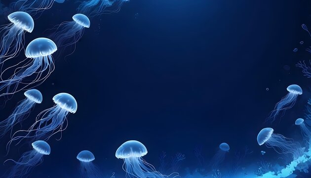 Blue ocean gradient background with jellyfish outline — minimal elegant horizontal layout with space for advertising or card design