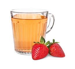 Aromatic fruit tea in glass cup and strawberries isolated on white
