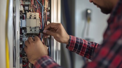 Hispanic electrician replacing a circuit breaker in an electrical panel. Featuring electrical work and home safety