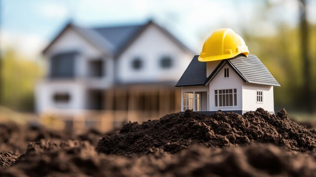 A miniature white house model with a yellow hard hat atop it sits nestled in a pile of dark brown dirt
