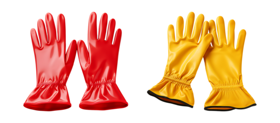 Red and yellow rubber cleaning gloves set isolated on transparent background