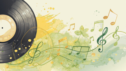 Obraz premium Watercolor music notes overlay on vinyl record in soft yellow and green – harmonious musical backdrop with copy space 