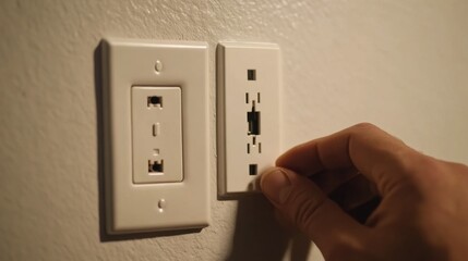 Hispanic electrician replacing a damaged electrical outlet. Featuring electrical work and home repairs