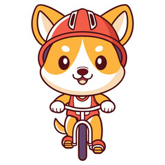Shiba Inu Dog Riding a Bike, Wearing a Red Helmet on a White Background