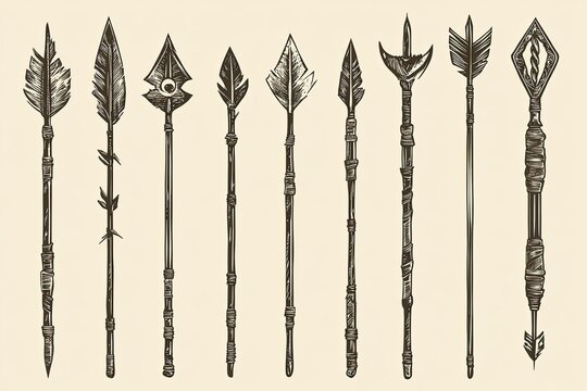 Vintage style illustration of various arrows.  Detailed graphic design of different arrowheads, shafts, and feathers.  Diverse arrow types, showcasing traditional designs