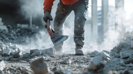 Demolition worker using an electric jackhammer on concrete. Featuring strength and focus