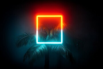 Neon frame illuminates palm tree against dark background in a tropical night setting