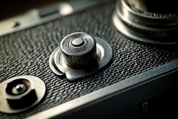 Close-up reveals a vintage camera's shutter button and textured grip, showcasing brushed steel details under soft light, evoking a sense of timeless craftsmanship.