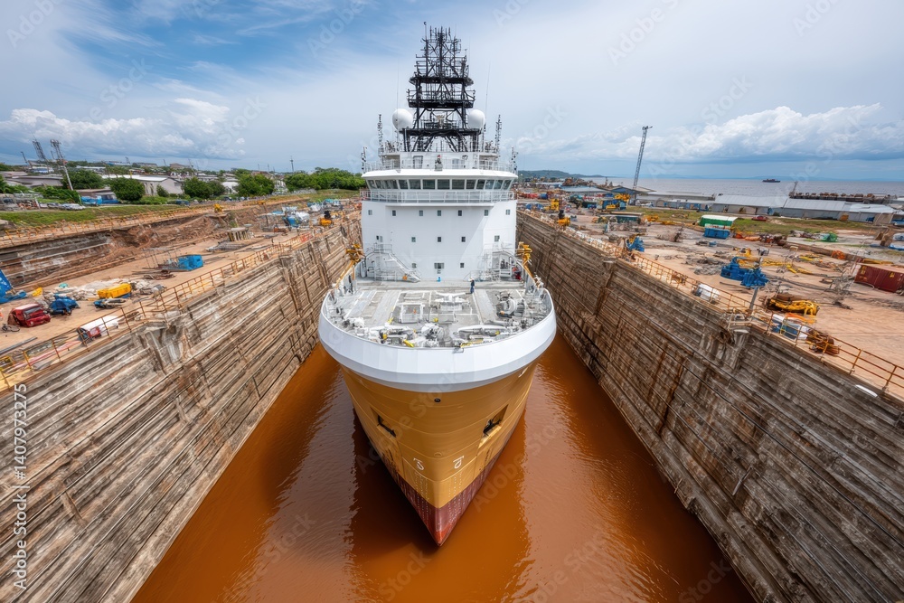 Poster massive dry dock featuring autonomous welding robots, drone inspection systems, and iot sensors trac