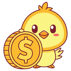 Cute Yellow Chick Cartoon Holding a Gold Coin with Dollar Sign on White