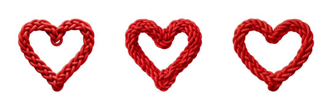 Set or collection of love symbols of red rope isolated on transparent background