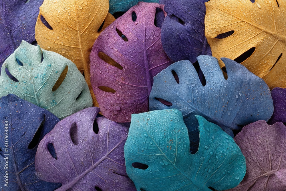 Poster colorful leaves with droplets on a textured surface create a vibrant natural display in a tropical s