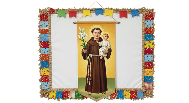 Suspended on a string, triangular pennant flags in vibrant hues of red, blue, yellow, and green frame a white religious banner depicting Saint Anthony of Padua holding the Christ Child, alongside whit