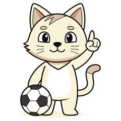 Cartoon beige cat holding football with index finger up on transparent background