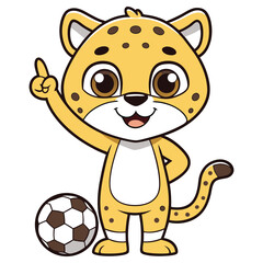Cartoon Leopard with Soccer Ball Pointing Upwards on Isolated White Background