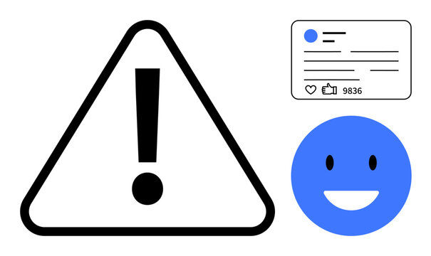 Triangular caution sign with exclamation mark, blue happy face emoticon, and social media post displaying thumbs ups and reactions. Ideal for awareness campaigns, social media, caution, safety