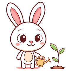 Cartoon White Bunny Watering Sprout, Growing Plant with Watering Can, Isolated