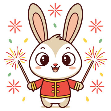 bunny holding sparklers, red jacket, festive clip art preview