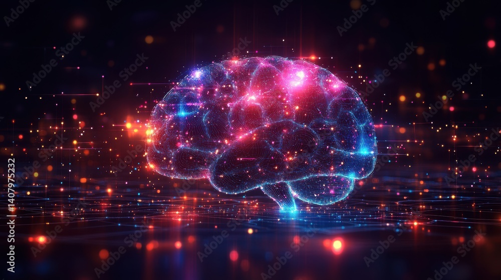 Poster illustration of an ai chatbot featuring a vibrant neural brain pattern integrated into a sleek interface glowing data streams representing knowledge sharing,photo stock