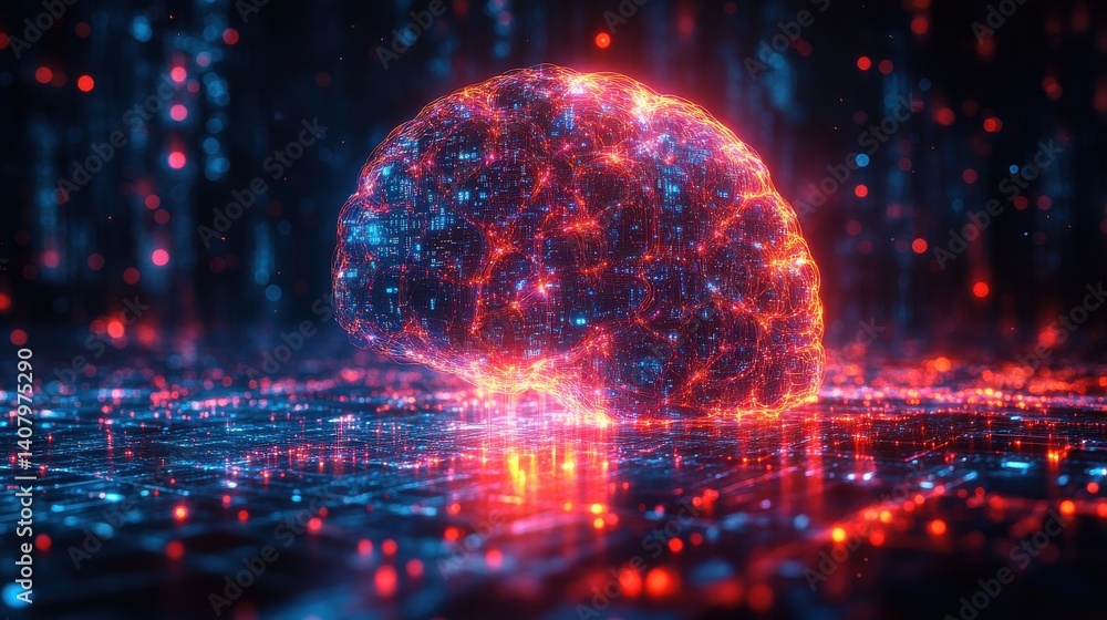 Poster illustration of an ai chatbot featuring a vibrant neural brain pattern integrated into a sleek interface glowing data streams representing knowledge sharing